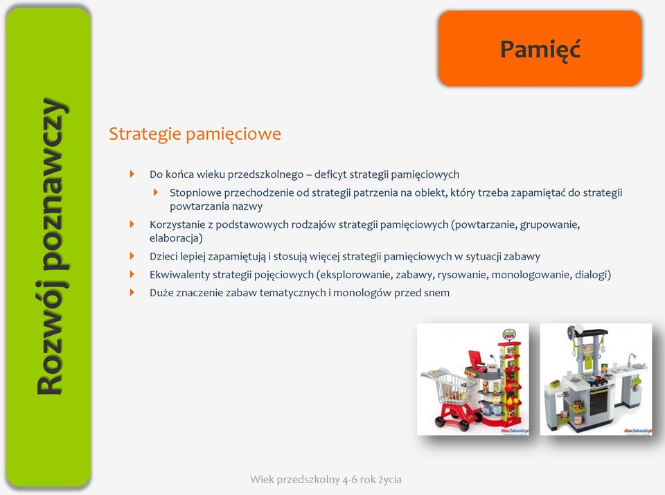 pamięciowych (powtarzanie, grupowanie, elaboracja) Dzieci lepiej zapamiętują i stosują więcej strategii pamięciowych w sytuacji zabawy