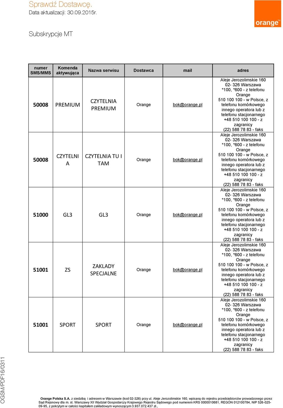 bok@orange 51001 ZS ZAKLADY SPECJALNE bok@orange 51001 SPORT SPORT bok@orange Polska S.A. z siedzibą i adresem w Warszawie (kod 02-326) przy ul.
