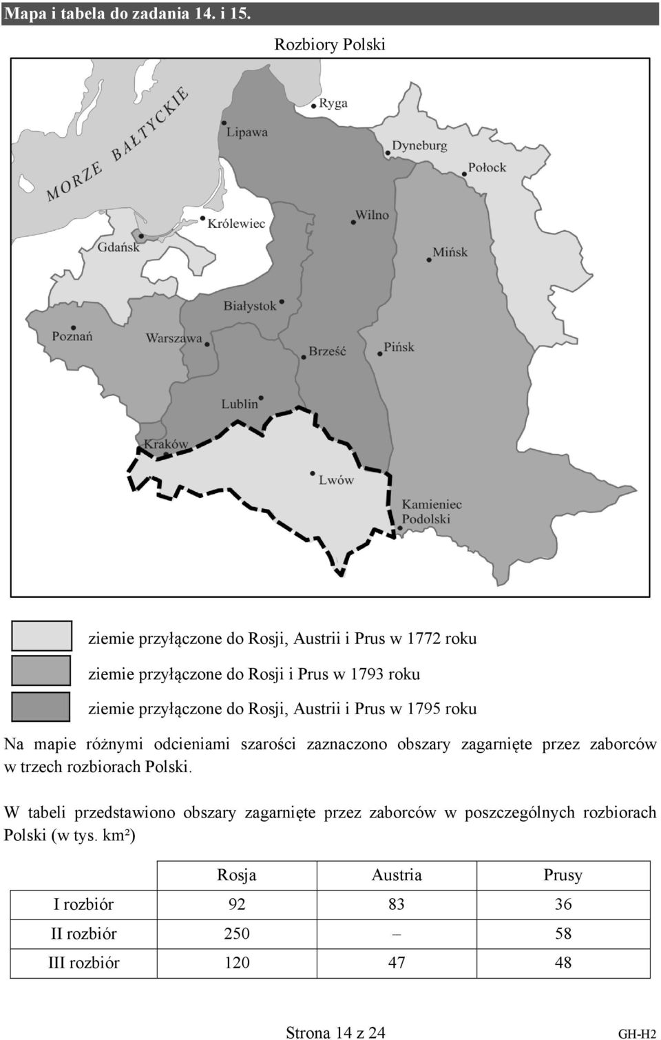 przyłączone do Rosji, Austrii i Prus w 1795 roku Na mapie różnymi odcieniami szarości zaznaczono obszary zagarnięte przez zaborców