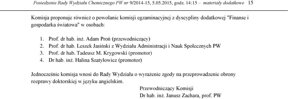 Prof. dr hab. inż. Adam Proń (przewodniczący) 2. Prof. dr hab. Leszek Jasiński z Wydziału Administracji i Nauk Społecznych PW 3. Prof. dr hab. Tadeusz M.