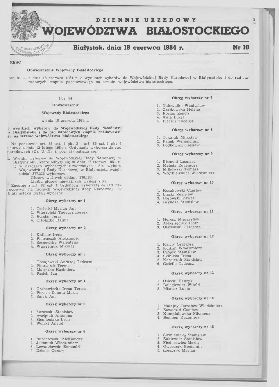 84 Obwieszczenie Wojewody Białostockiego z dnia 18 czerwca 1984 r.