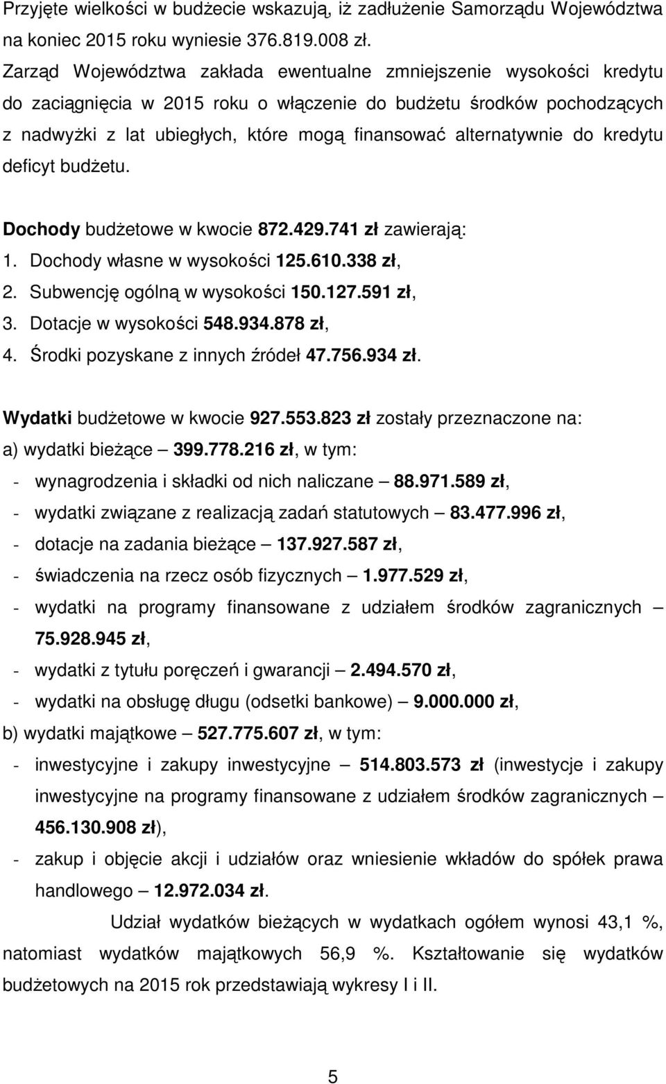 alternatywnie do kredytu deficyt budżetu. Dochody budżetowe w kwocie 872.429.741 zł zawierają: 1. Dochody własne w wysokości 125.610.338 zł, 2. Subwencję ogólną w wysokości 150.127.591 zł, 3.