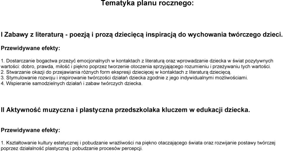 rozumieniu i przeżywaniu tych wartości. 2. Stwarzanie okazji do przejawiania różnych form ekspresji dziecięcej w kontaktach z literaturą dziecięcą. 3.