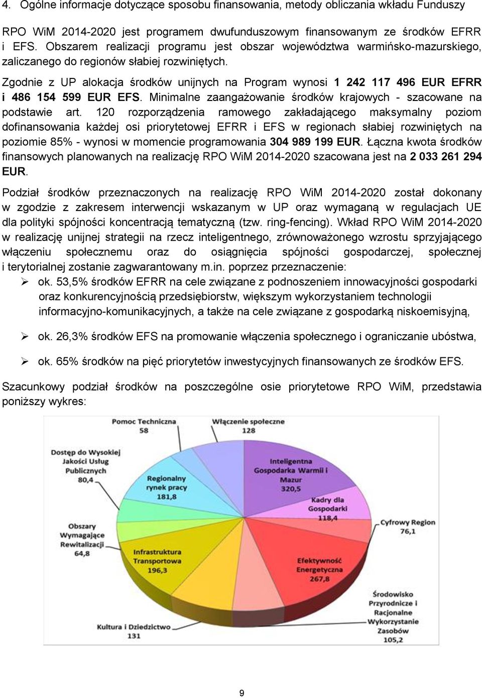 Zgodnie z UP alokacja środków unijnych na Program wynosi 1 242 117 496 EUR EFRR i 486 154 599 EUR EFS. Minimalne zaangażowanie środków krajowych - szacowane na podstawie art.