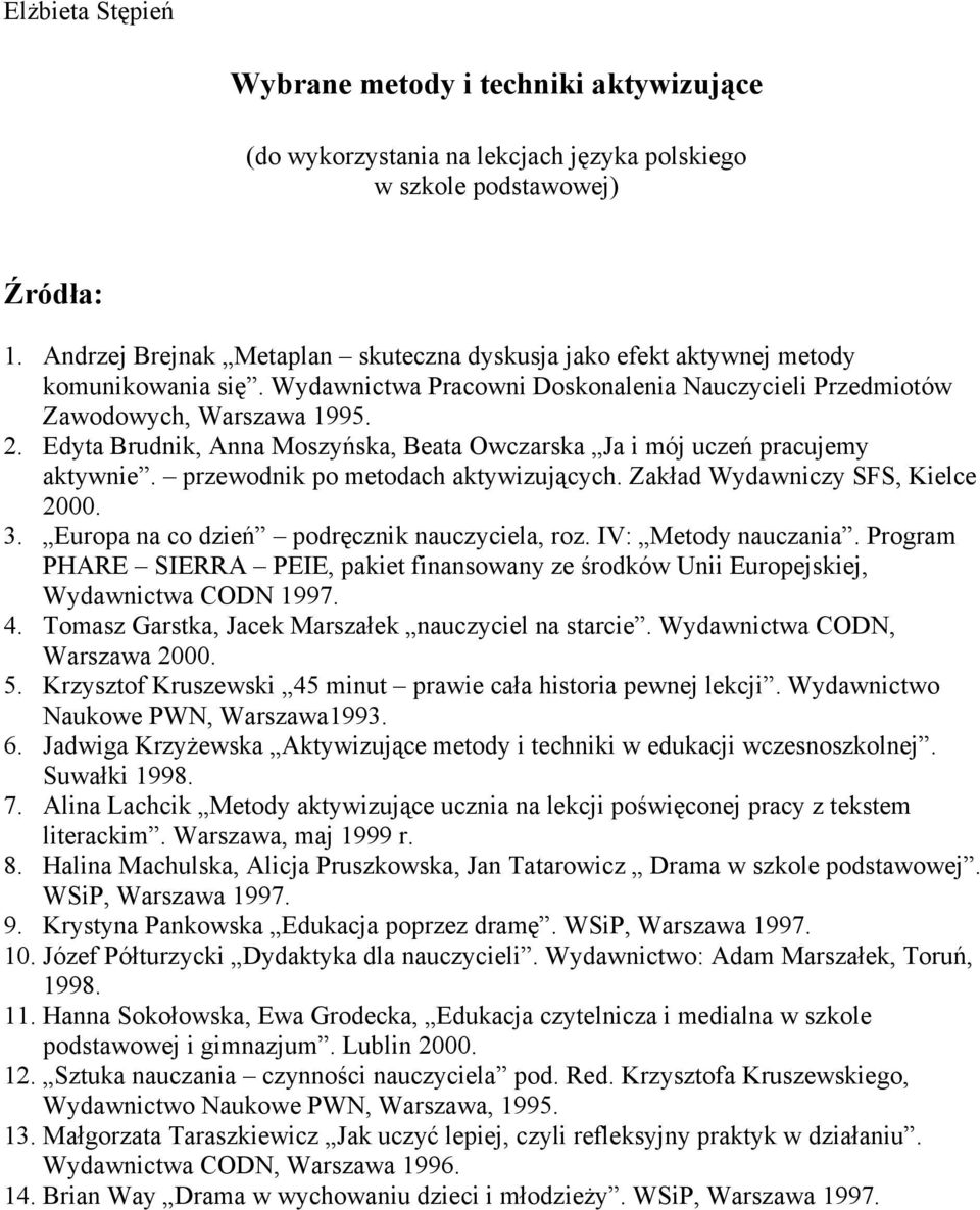 Edyta Brudnik, Anna Moszyńska, Beata Owczarska Ja i mój uczeń pracujemy aktywnie. przewodnik po metodach aktywizujących. Zakład Wydawniczy SFS, Kielce 2000. 3.