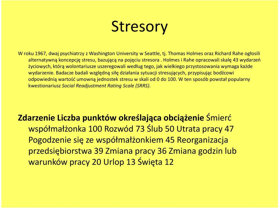 Badacze badali względną siłę działania sytuacji stresujących, przypisując bodźcowi odpowiednią wartość umowną jednostek stresu w skali od 0 do 100.