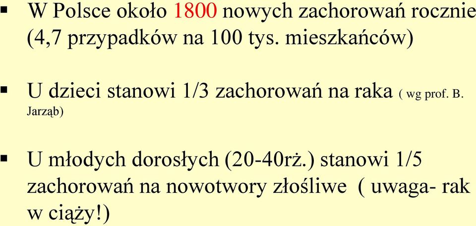 mieszkańców) U dzieci stanowi 1/3 zachorowań na raka ( wg