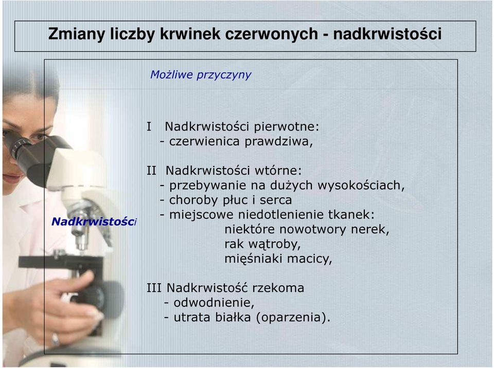 wysokościach, - choroby płuc i serca - miejscowe niedotlenienie tkanek: niektóre nowotwory