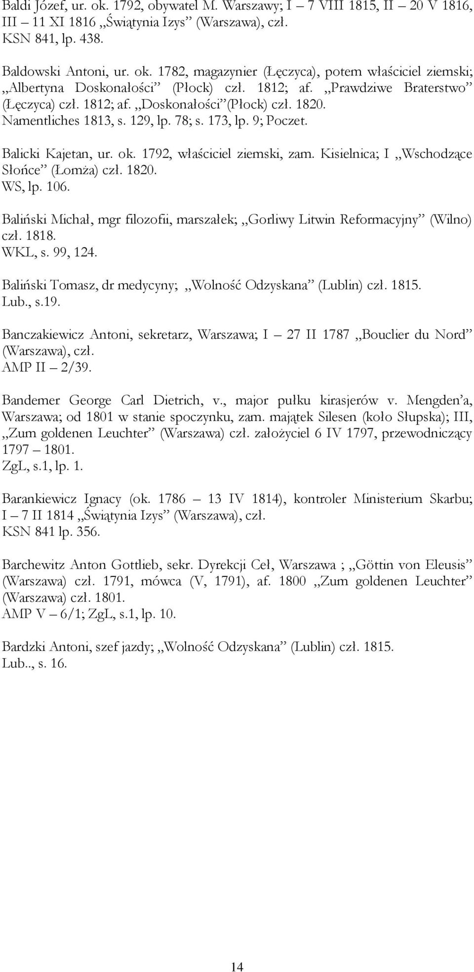 1792, właściciel ziemski, zam. Kisielnica; I Wschodzące Słońce (ŁomŜa) czł. 1820. WS, lp. 106. Baliński Michał, mgr filozofii, marszałek; Gorliwy Litwin Reformacyjny (Wilno) czł. 1818. WKL, s.