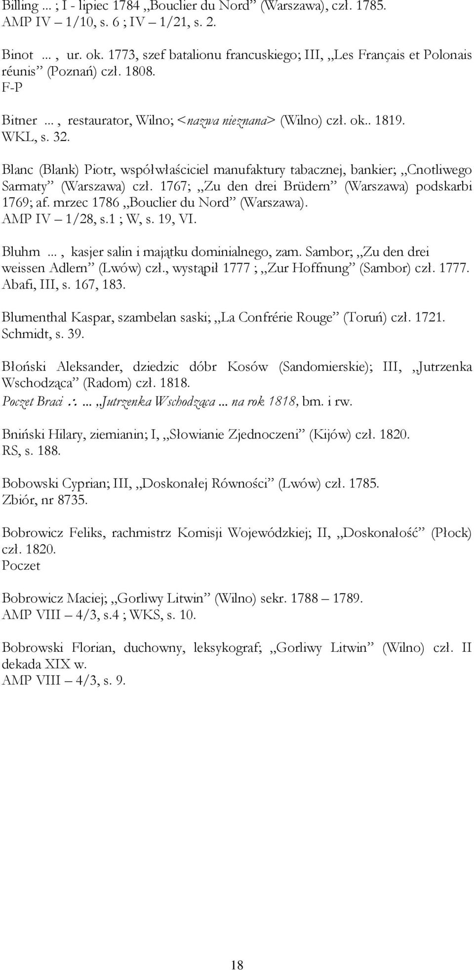 Blanc (Blank) Piotr, współwłaściciel manufaktury tabacznej, bankier; Cnotliwego Sarmaty (Warszawa) czł. 1767; Zu den drei Brüdern (Warszawa) podskarbi 1769; af. mrzec 1786 Bouclier du Nord (Warszawa).