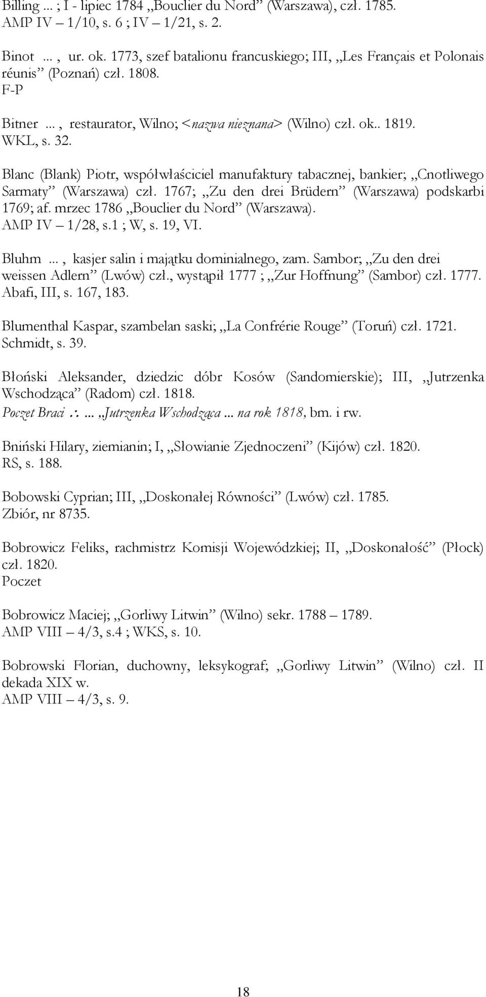 Blanc (Blank) Piotr, współwłaściciel manufaktury tabacznej, bankier; Cnotliwego Sarmaty (Warszawa) czł. 1767; Zu den drei Brüdern (Warszawa) podskarbi 1769; af. mrzec 1786 Bouclier du Nord (Warszawa).