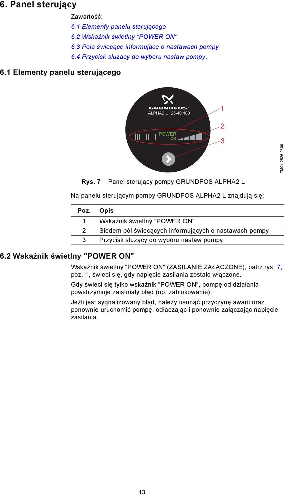 2 Wskaźnik świetlny "POWER ON" Na panelu sterującym pompy GRUNDFOS ALPHA2 L znajdują się: Poz.