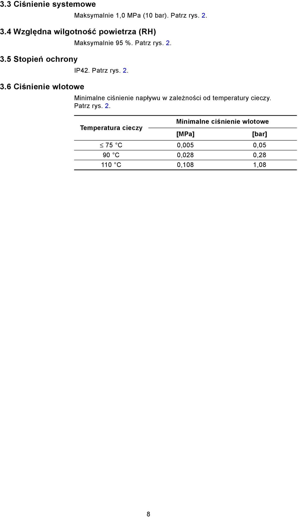 Patrz rys. 2. IP42. Patrz rys. 2. Minimalne ciśnienie napływu w zależności od temperatury cieczy.