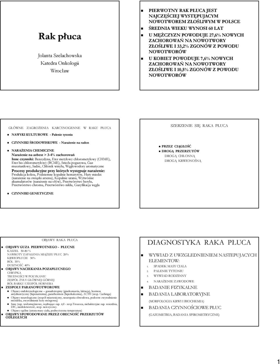 ZAGROŻENIA KARCYNOGENNE W RAKU PŁUCAP NAWYKI KULTUROWE - Palenie tytoniu CZYNNIKI ŚRODOWISKOWE - Narażenie na radon NARAŻENIA CHEMICZNE Narażenie na azbest > 3-4% 3 zachorowań Inne czynniki: