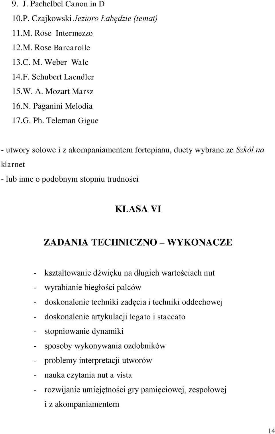 Teleman Gigue - utwory solowe i z akompaniamentem fortepianu, duety wybrane ze Szkół na klarnet - lub inne o podobnym stopniu trudności KLASA VI ZADANIA TECHNICZNO WYKONACZE - kształtowanie