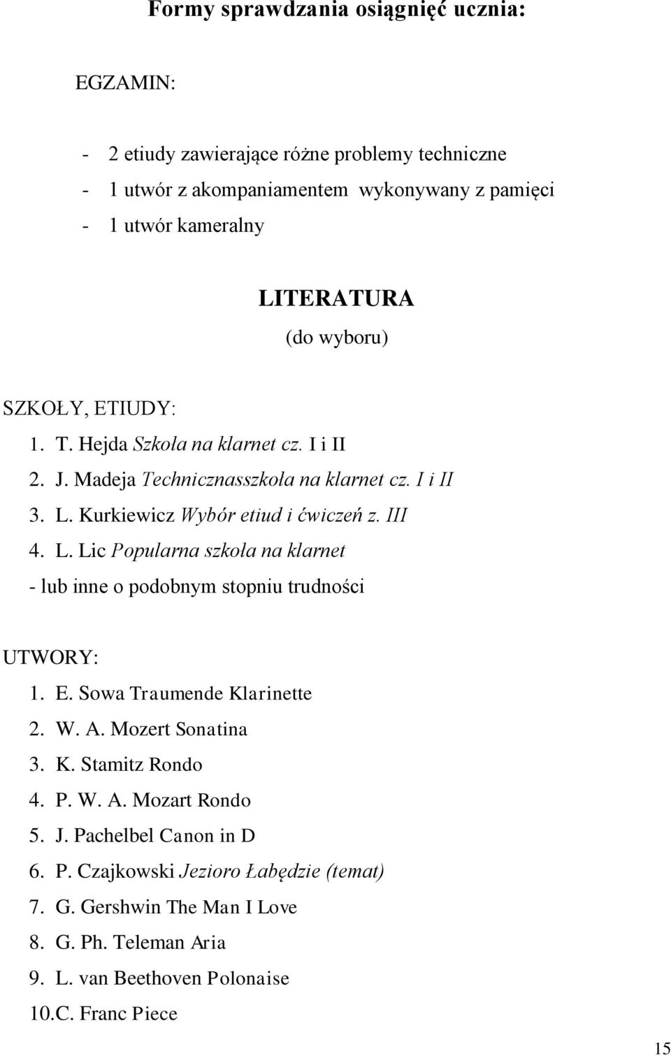 Kurkiewicz Wybór etiud i ćwiczeń z. III 4. L. Lic Popularna szkoła na klarnet - lub inne o podobnym stopniu trudności UTWORY: 1. E. Sowa Traumende Klarinette 2. W. A.