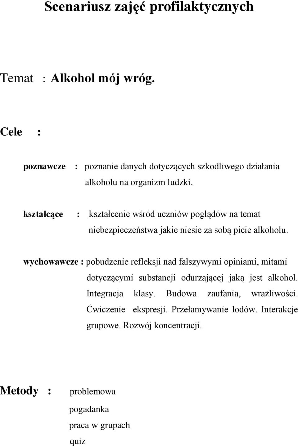 kształcące : kształcenie wśród uczniów poglądów na temat niebezpieczeństwa jakie niesie za sobą picie alkoholu.