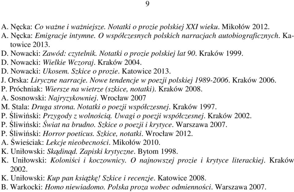 Nowe tendencje w poezji polskiej 1989-2006. Kraków 2006. P. Próchniak: Wiersze na wietrze (szkice, notatki). Kraków 2008. A. Sosnowski: Najryzykowniej. Wrocław 2007 M. Stala: Druga strona.