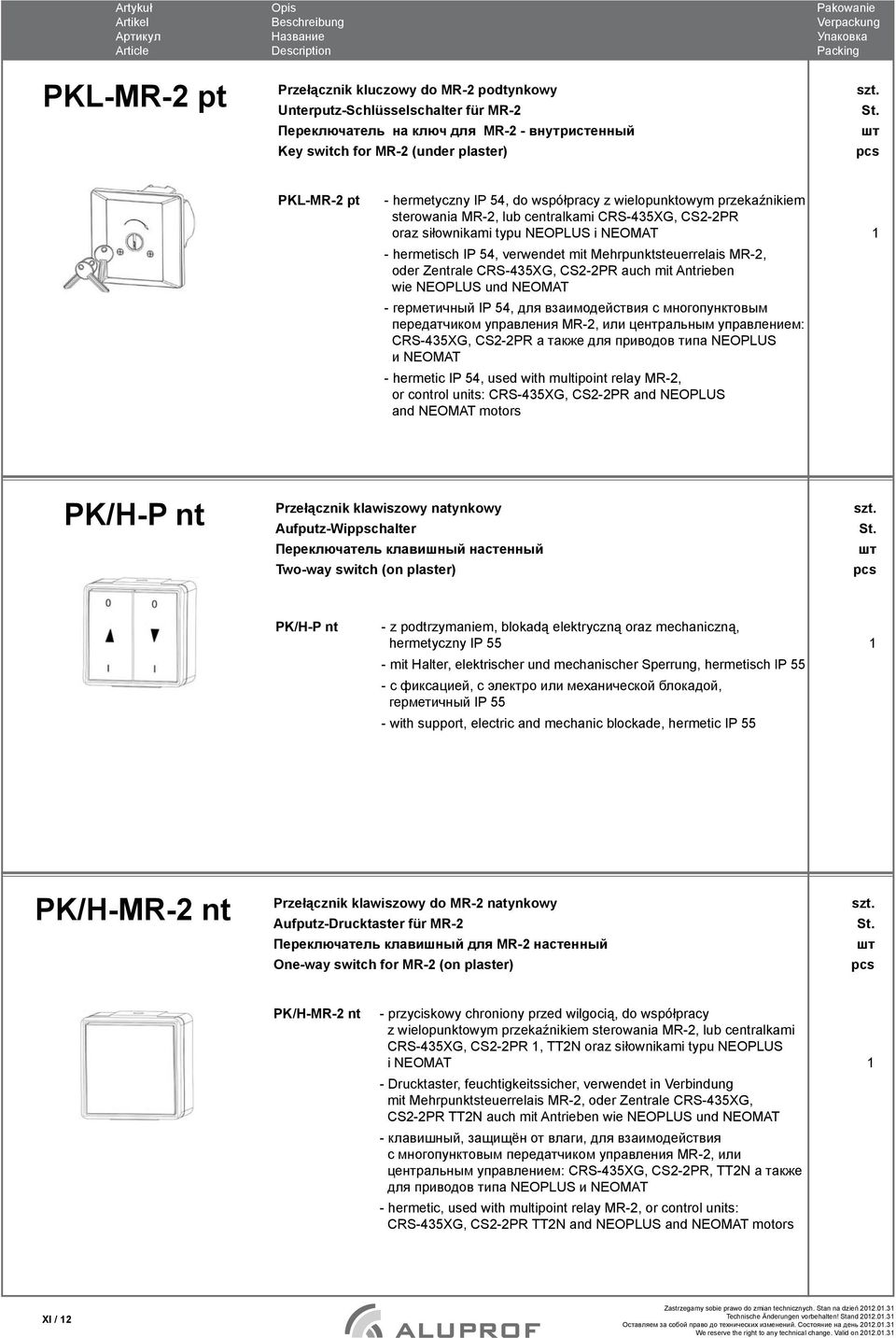 MR-2, oder Zentrale CRS-435XG, CS2-2PR auch mit Antrieben wie NEOPLUS und NEOMAT - герметичный IP 54, для взаимодействия с многопунктовым передатчиком управления MR-2, или центральным управлением: