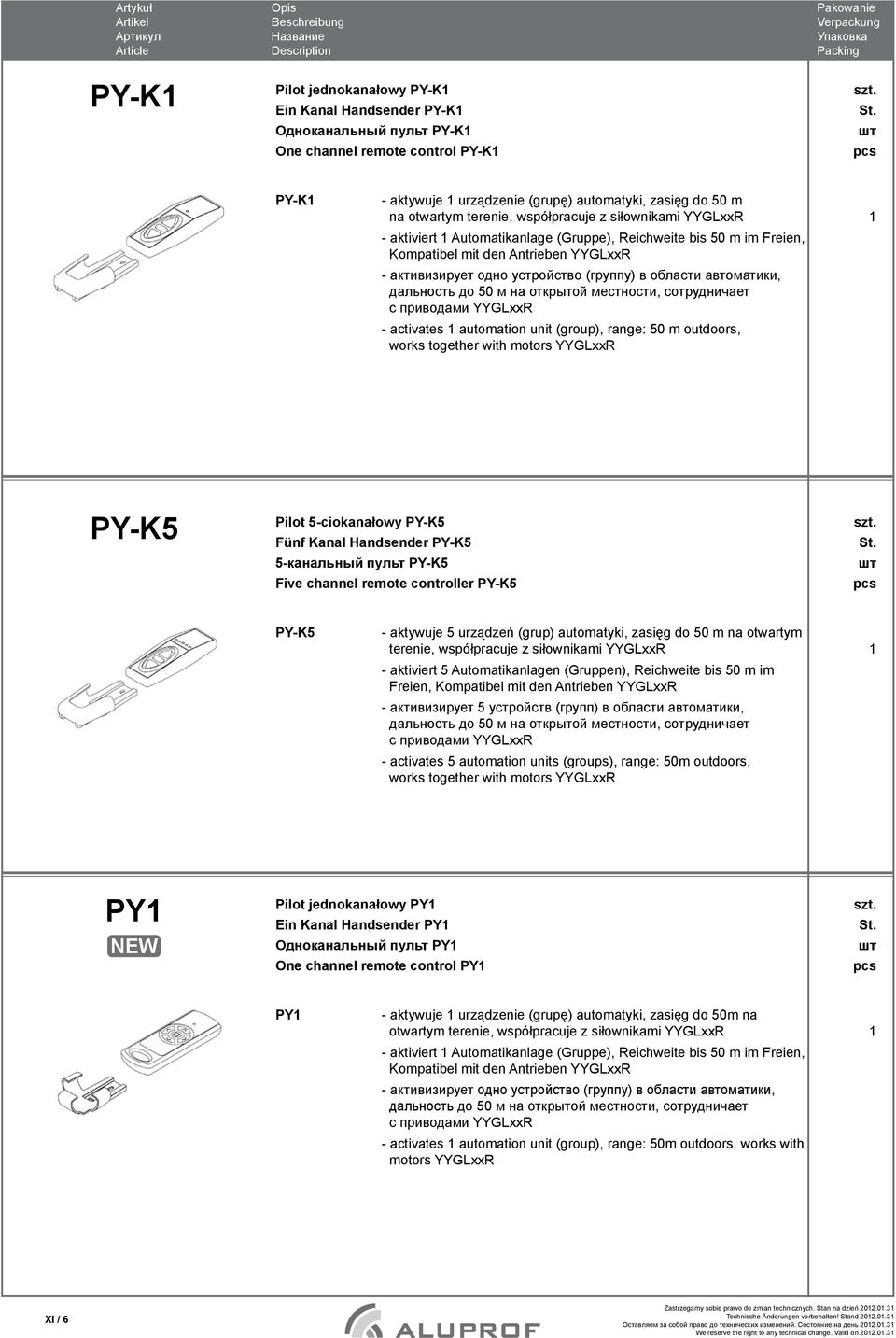 автоматики, дальность до 50 м на открытой местности, сотрудничает с приводами YYGLxxR - activates automation unit (group), range: 50 m outdoors, works together with motors YYGLxxR PY-K5 Pilot