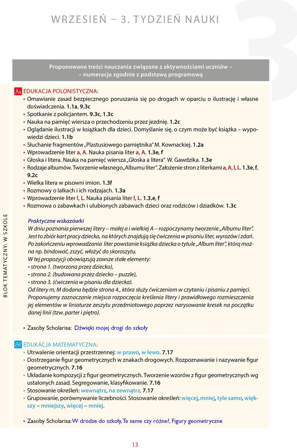 oparciu o ilustrację i własne doświadczenia. 1.1a, 9.3c Spotkanie z policjantem. 9.3c, 1.3c Nauka na pamięć wiersza o przechodzeniu przez jezdnię. 1.2c Oglądanie ilustracji w książkach dla dzieci.