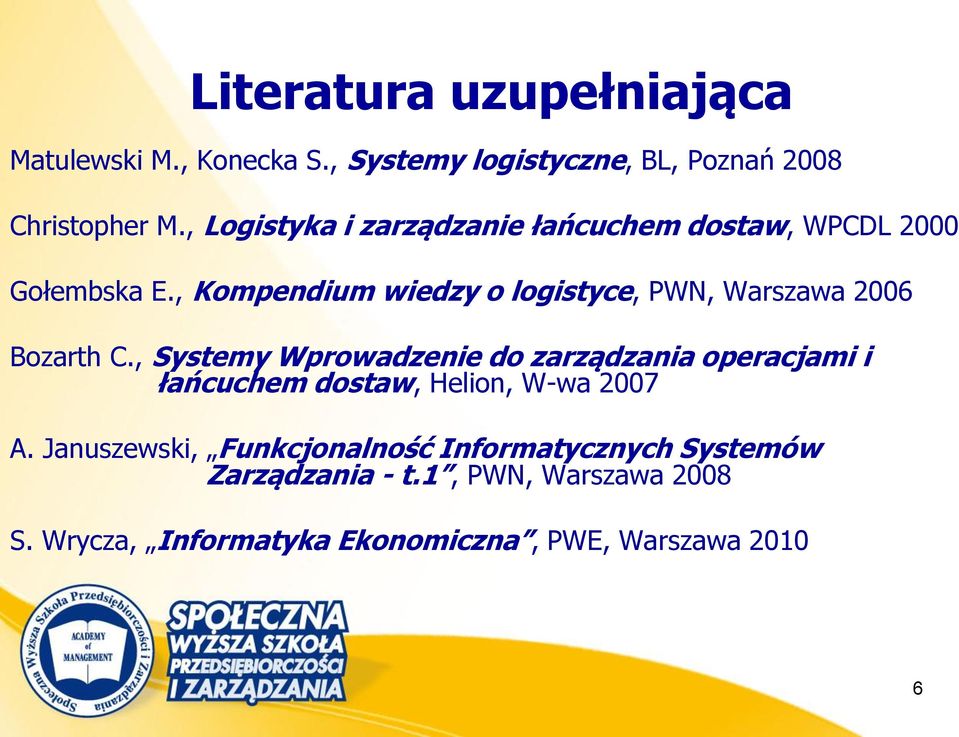 , Kompendium wiedzy o logistyce, PWN, Warszawa 2006 Bozarth C.