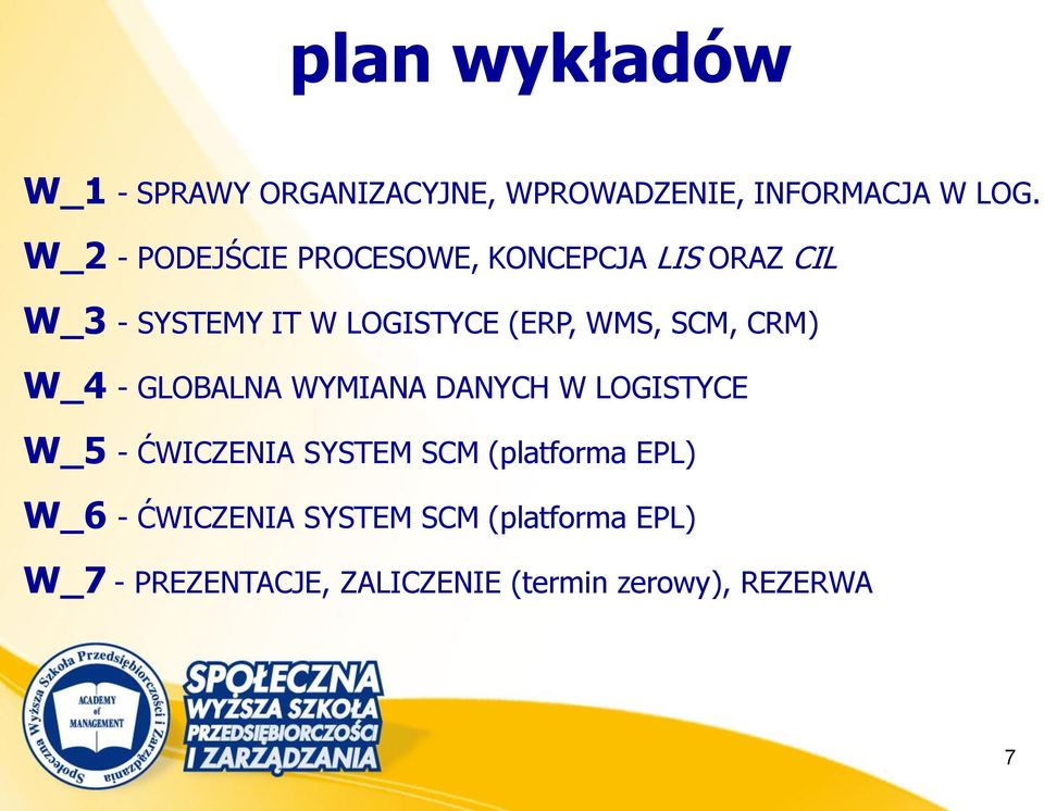 SCM, CRM) W_4 - GLOBALNA WYMIANA DANYCH W LOGISTYCE W_5 - ĆWICZENIA SYSTEM SCM (platforma