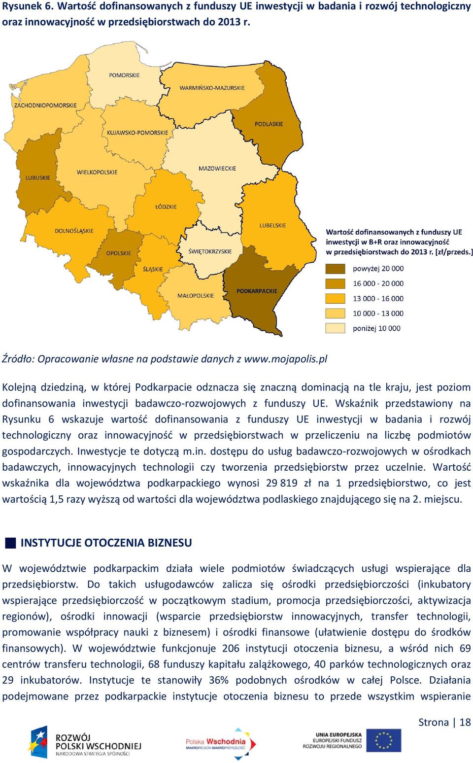 Wskaźnik przedstawiony na Rysunku 6 wskazuje wartość dofinansowania z funduszy UE inwestycji w badania i rozwój technologiczny oraz innowacyjność w przedsiębiorstwach w przeliczeniu na liczbę