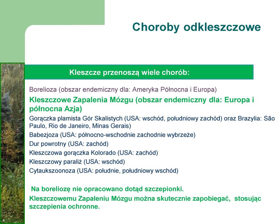 Gerais) - Babezjoza (USA: północno-wschodnie zachodnie wybrzeże) - Dur powrotny (USA: zachód) - Kleszczowa gorączka Kolorado (USA: zachód) - Kleszczowy paraliż (USA: wschód) -