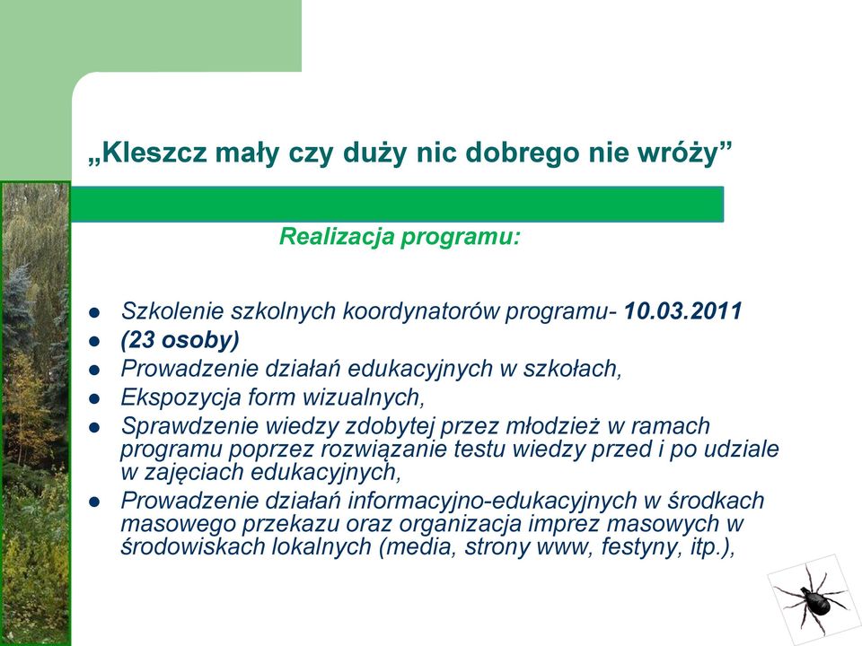 młodzież w ramach programu poprzez rozwiązanie testu wiedzy przed i po udziale w zajęciach edukacyjnych, Prowadzenie działań