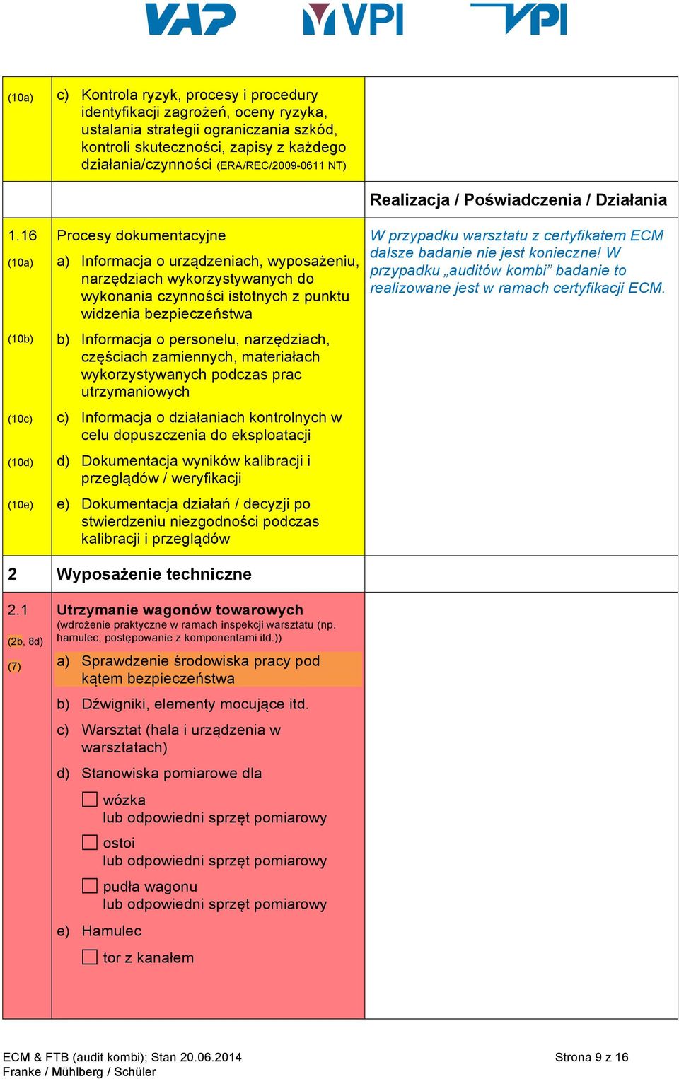 16 (10a) (10b) (10c) (10d) (10e) Procesy dokumentacyjne a) Informacja o urządzeniach, wyposażeniu, narzędziach wykorzystywanych do wykonania czynności istotnych z punktu widzenia bezpieczeństwa b)