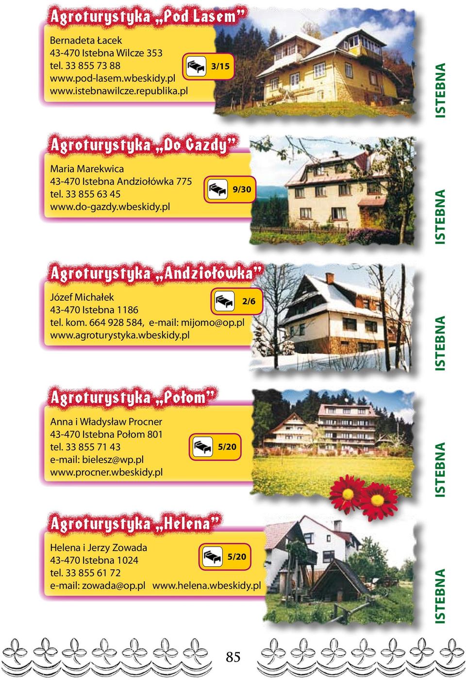 pl 9/30 Agroturystyka Andziołówka Józef Michałek 2/6 43-470 Istebna 1186 tel. kom. 664 928 584, e-mail: mijomo@op.pl www.agroturystyka.wbeskidy.