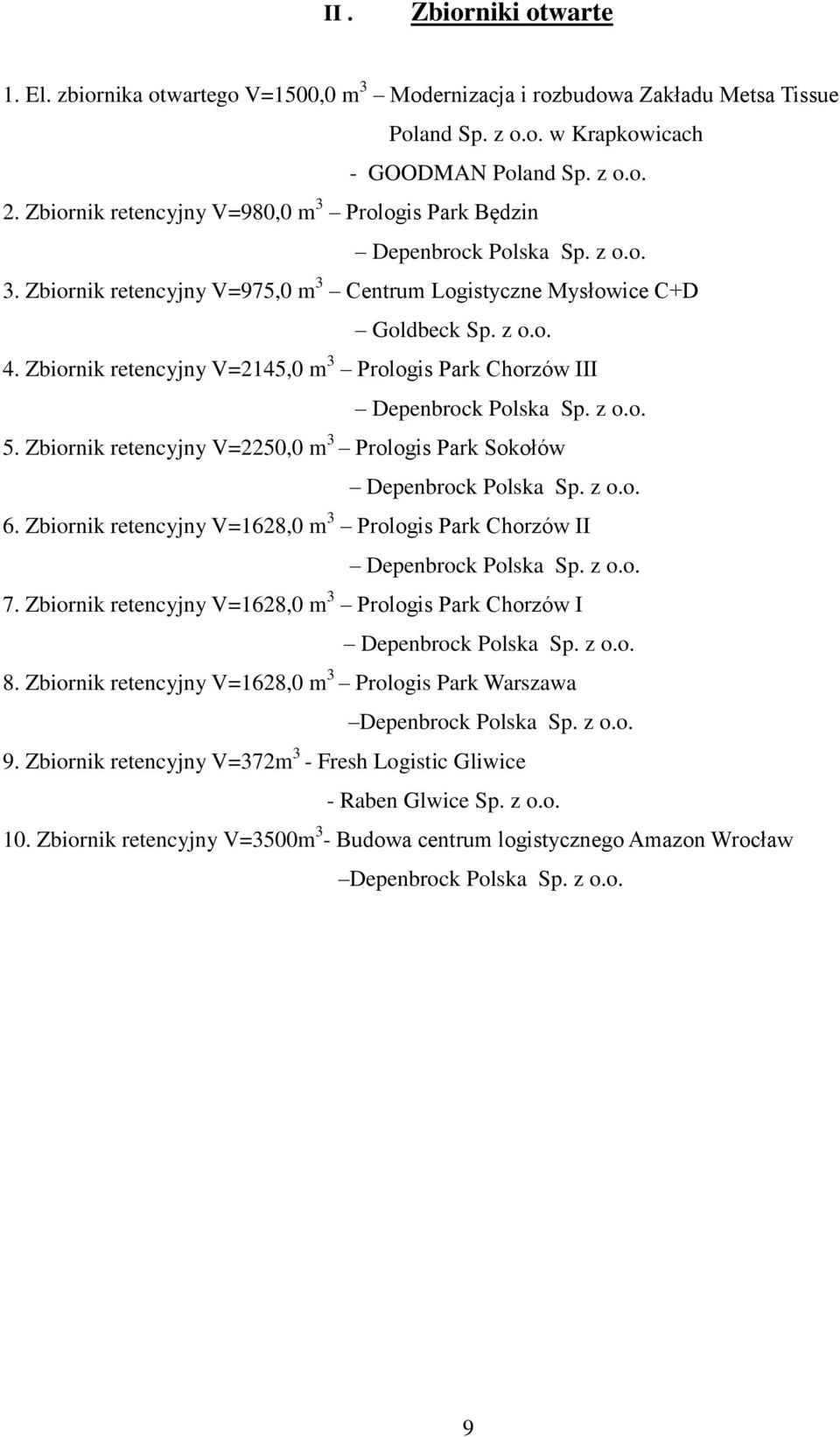 Zbiornik retencyjny V=2145,0 m 3 Prologis Park Chorzów III Depenbrock Polska Sp. z o.o. 5. Zbiornik retencyjny V=2250,0 m 3 Prologis Park Sokołów Depenbrock Polska Sp. z o.o. 6.