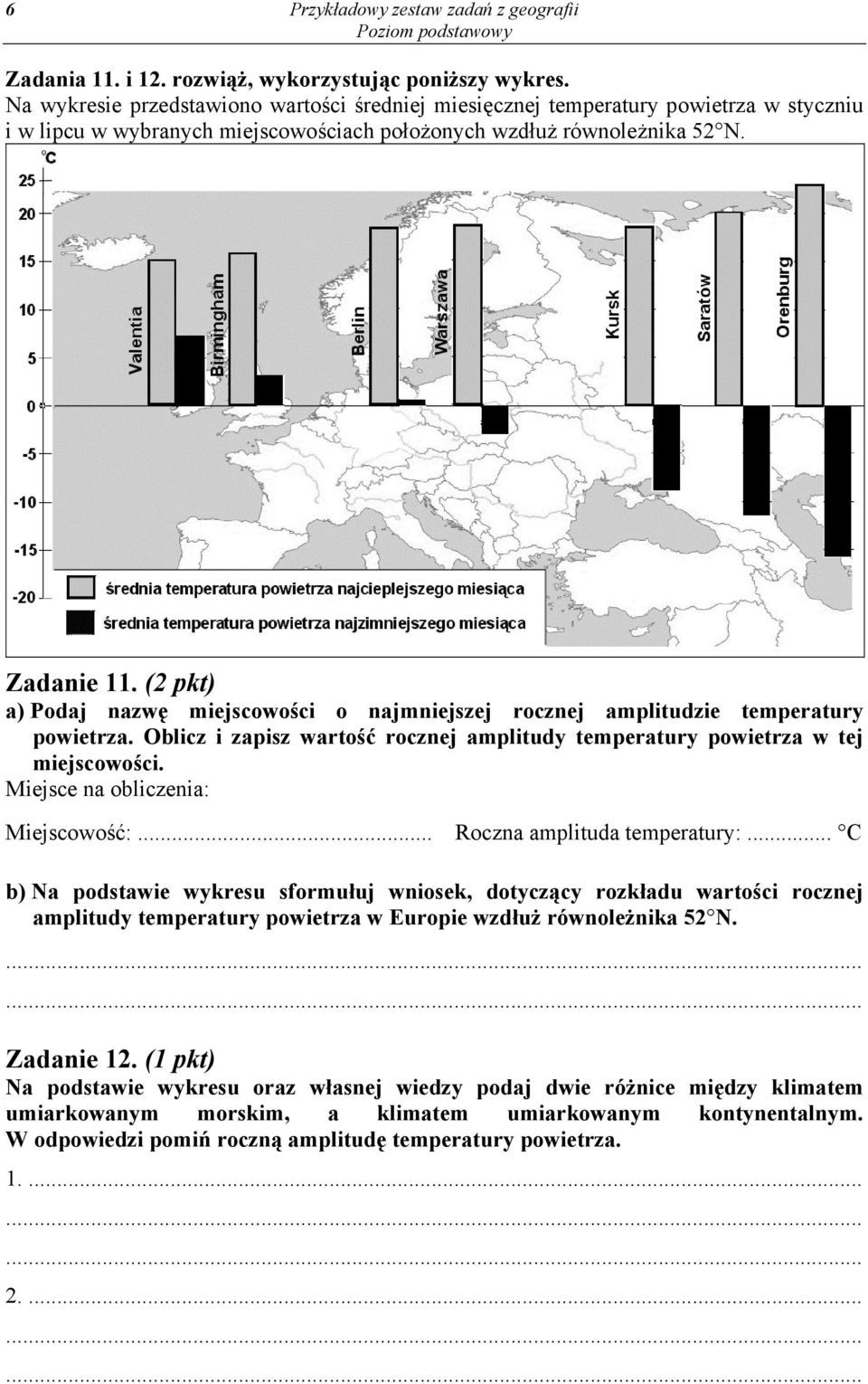 (2 pkt) a) Podaj nazwę miejscowości o najmniejszej rocznej amplitudzie temperatury powietrza. Oblicz i zapisz wartość rocznej amplitudy temperatury powietrza w tej miejscowości.