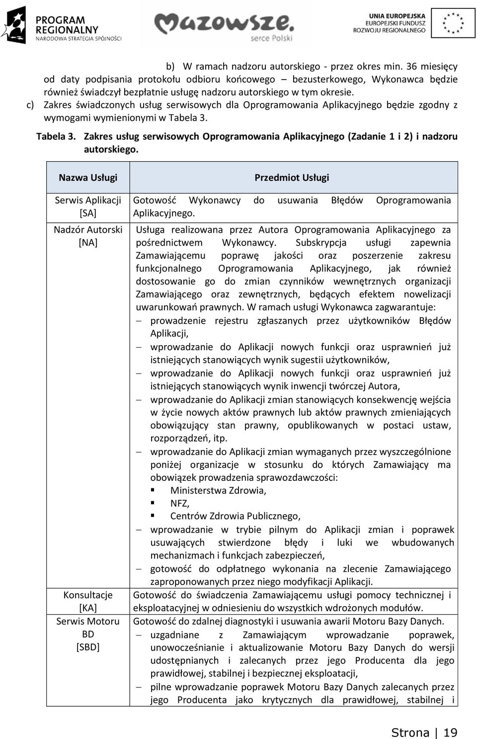 c) Zakres świadczonych usług serwisowych dla Oprogramowania Aplikacyjnego będzie zgodny z wymogami wymienionymi w Tabela 3.