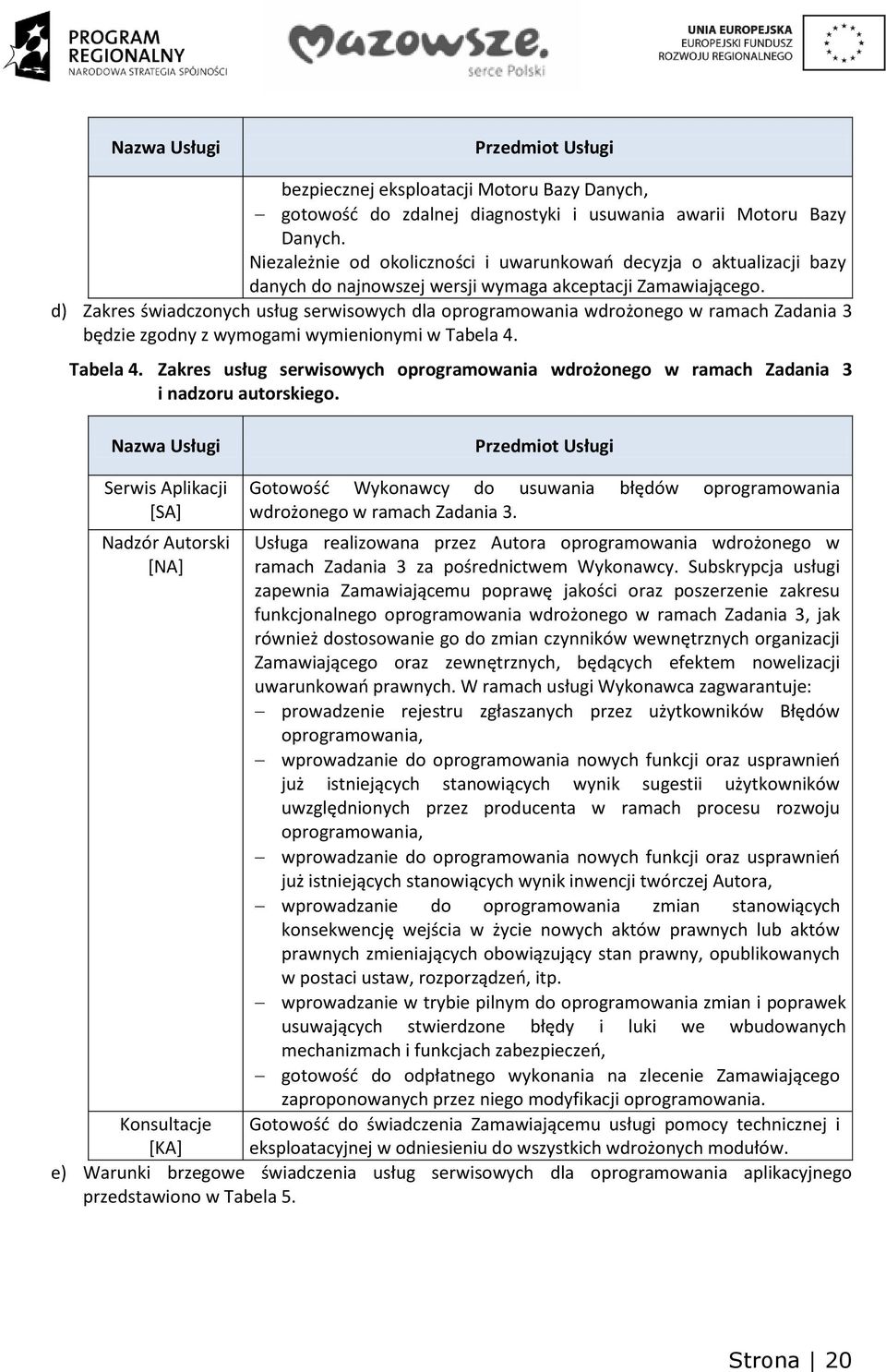 d) Zakres świadczonych usług serwisowych dla oprogramowania wdrożonego w ramach Zadania 3 będzie zgodny z wymogami wymienionymi w Tabela 4.