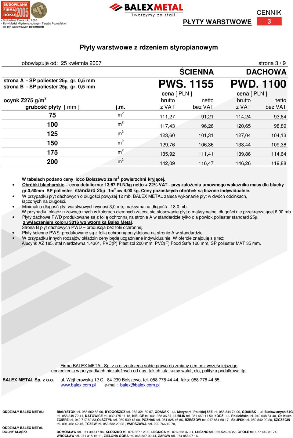 PWS. 1155 PWD. 1100 cena [ PLN ] cena [ PLN ] ocynk Z275 g/m 