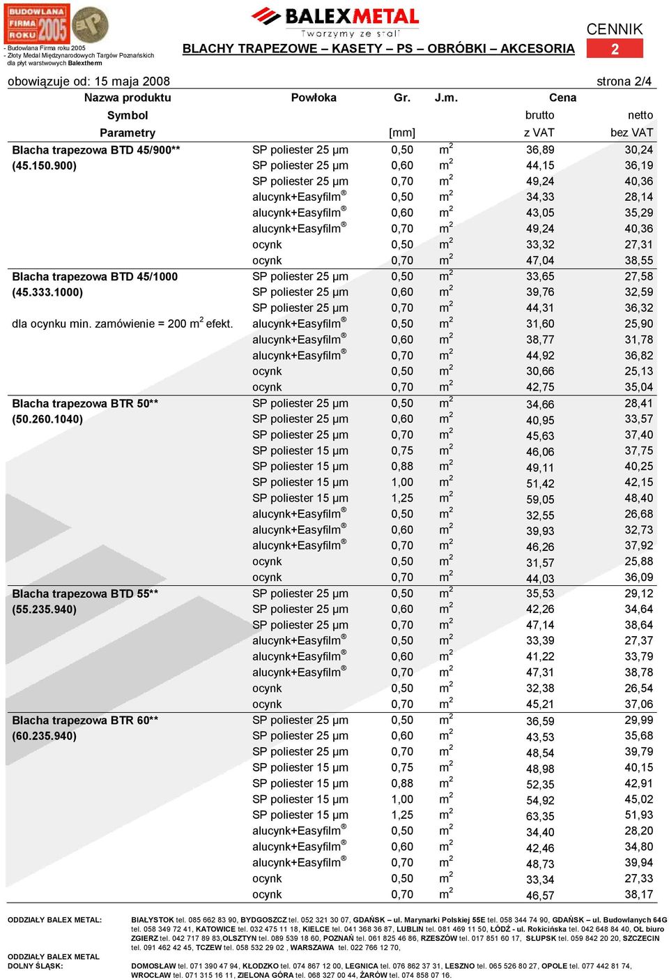 40,36 ocynk 0,50 m 2 33,32 27,31 ocynk 0,70 m 2 47,04 38,55 Blacha trapezowa BTD 45/1000 SP poliester 25 µm 0,50 m 2 33,65 27,58 (45.333.