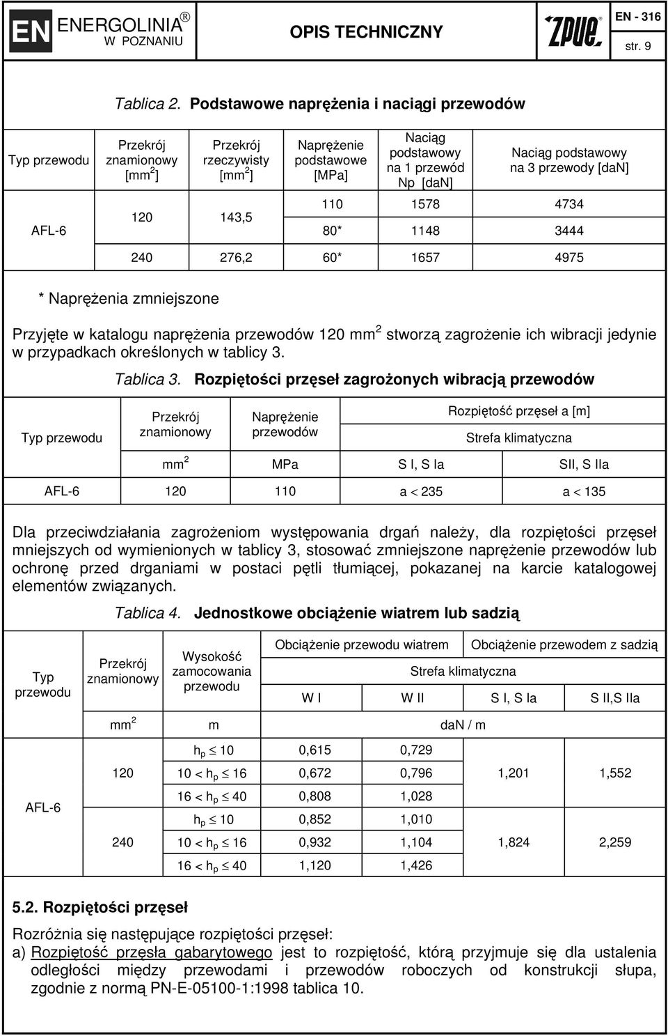 Naciąg podstawowy na 3 przewody [dan] 110 1578 4734 80* 1148 3444 240 276,2 60* 1657 4975 * Naprężenia zmniejszone Przyjęte w katalogu naprężenia przewodów 120 mm 2 stworzą zagrożenie ich wibracji