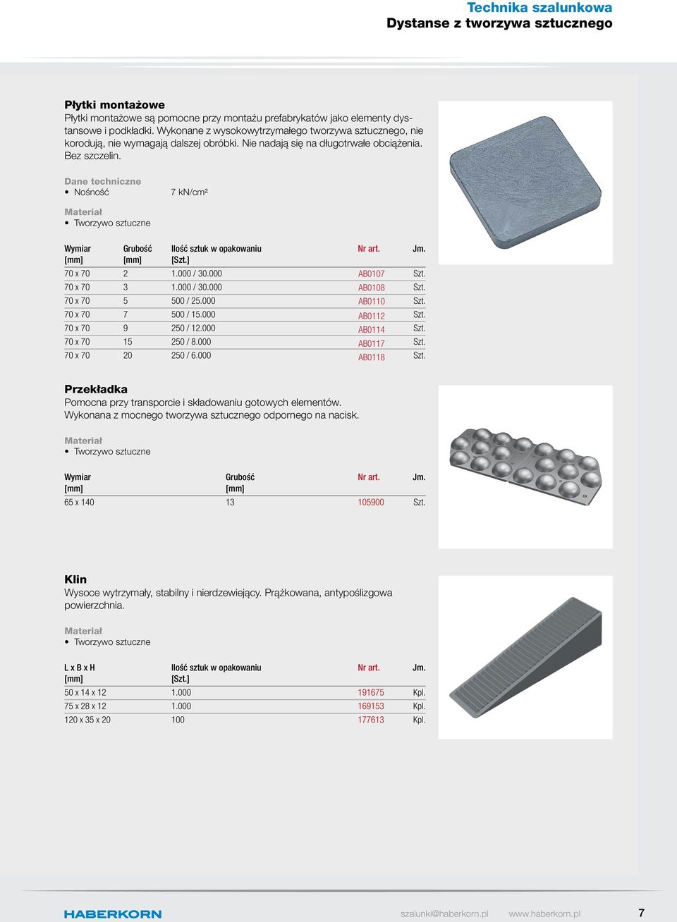 Dane techniczne Nośność 7 kn/cm² Tworzywo sztuczne Wymiar Grubość 70 x 70 2.000 / 30.000 AB007 70 x 70 3.000 / 30.000 AB008 70 x 70 5 500 / 25.000 AB00 70 x 70 7 500 / 5.000 AB02 70 x 70 9 250 / 2.