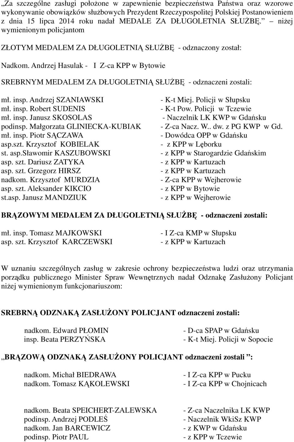 Andrzej Hasulak - I Z-ca KPP w Bytowie SREBRNYM MEDALEM ZA DŁUGOLETNIĄ SŁUŻBĘ - odznaczeni zostali: mł. insp. Andrzej SZANIAWSKI mł. insp. Robert SUDENIS mł. insp. Janusz SKOSOLAS podinsp.