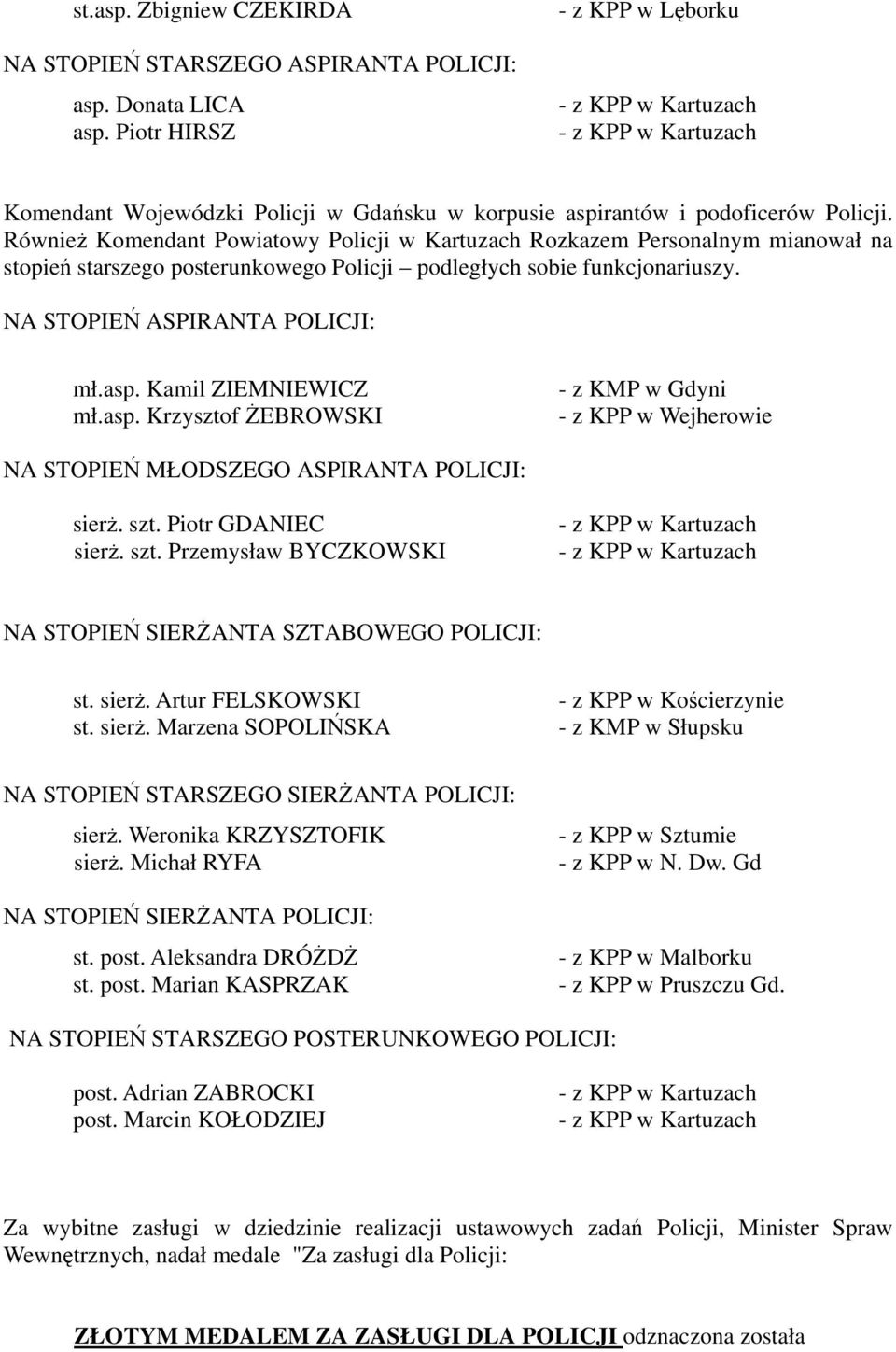 Również Komendant Powiatowy Policji w Kartuzach Rozkazem Personalnym mianował na stopień starszego posterunkowego Policji podległych sobie funkcjonariuszy. NA STOPIEŃ ASPIRANTA POLICJI: mł.asp.