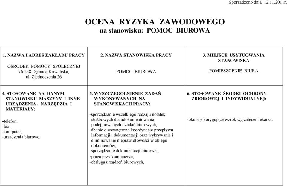 TOOWANE NA DANYM TANOWIKU MAZYNY I INNE URZĄDZENIA, NARZĘDZIA I MATERIAŁY: -telefon, -fax, -komputer, -urządzenia biurowe. 5.