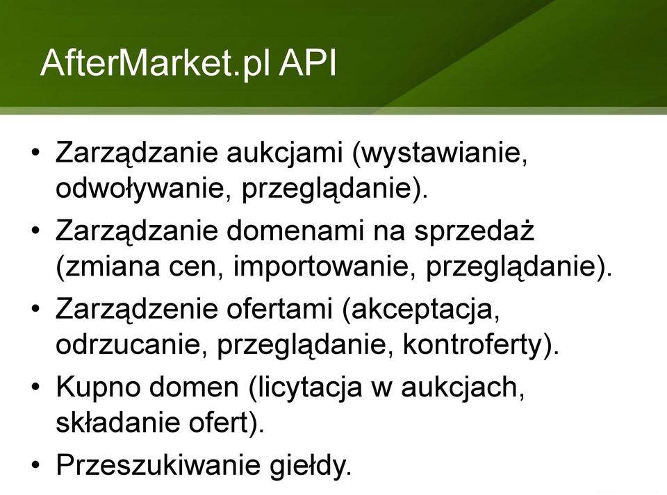 Zarządzanie domenami na sprzedaż (zmiana cen, importowanie, przeglądanie).