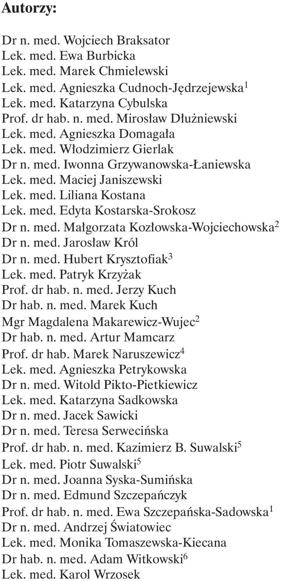 med. Jarosław Król Dr n. med. Hubert Krysztofiak 3 Lek. med. Patryk Krzyżak Prof. dr hab. n. med. Jerzy Kuch Dr hab. n. med. Marek Kuch Mgr Magdalena Makarewicz-Wujec 2 Dr hab. n. med. Artur Mamcarz Prof.