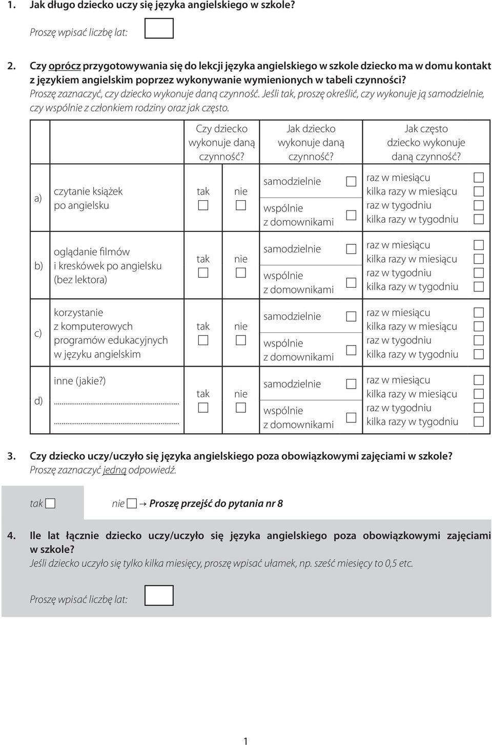 Proszę zaznaczyć, czy dziecko wykonuje daną czynność. Jeśli, proszę określić, czy wykonuje ją samodziel, czy z członkiem rodziny oraz jak często. Czy dziecko wykonuje daną czynność?