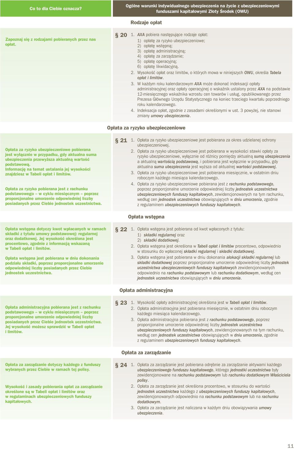 3. W każdym roku kalendarzowym AXA może dokonać indeksacji opłaty administracyjnej oraz opłaty operacyjnej o wskaźnik ustalony przez AXA na podstawie 12-miesięcznego wskaźnika wzrostu cen towarów i