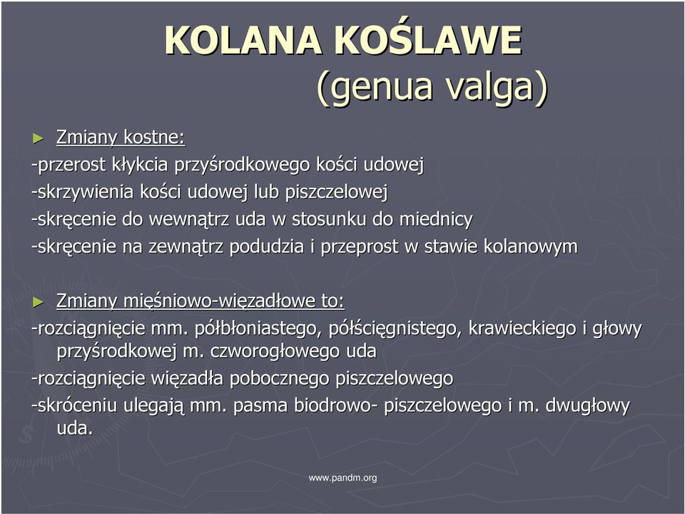 ęśniowo-więzadłowe to: -rozciągnięcie mm.. półbłoniastego, p półścięgnistego,, krawieckiego i głowy g przyśrodkowej rodkowej m.