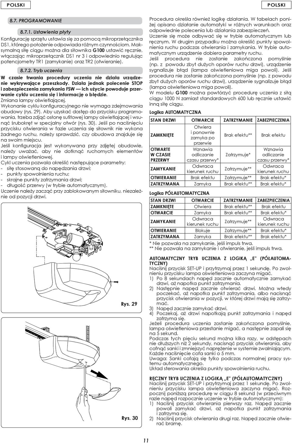 (otwieranie). 8.7.2. Tryb uczenia W czasie trwania procedury uczenia nie działa urządzenie wykrywające przeszkody.