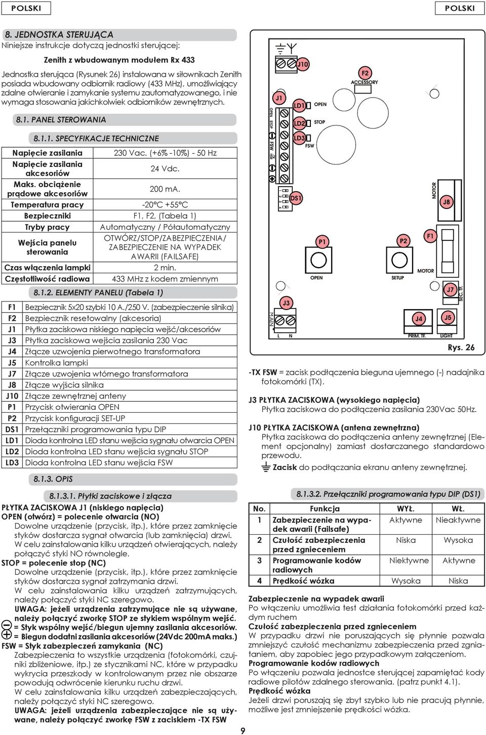 PANEL STEROWANIA 8.1.1. SPECYFIKACJE TECHNICZNE Napięcie zasilania 230 Vac. (+6% -10%) - 50 Hz Napięcie zasilania akcesoriów 24 Vdc. Maks. obciążenie prądowe akcesoriów 200 ma.